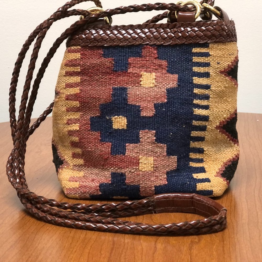 Vintage Kilim Cross Body Bucket Bag Leather Straps